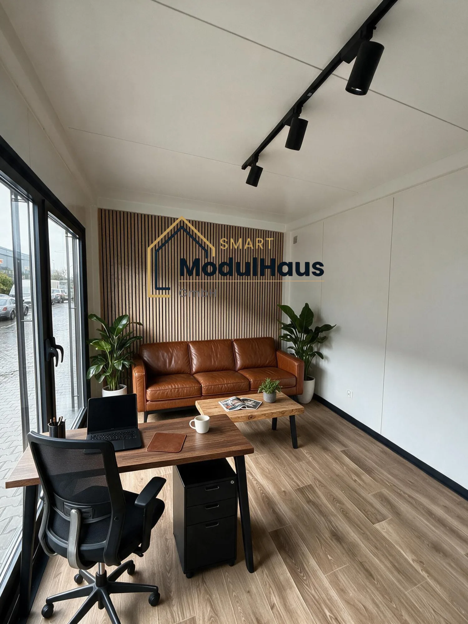 Büromodul von innen: Schreibtisch mit Bürostuhl, Ledersofa vor Holzlamellenwand und Schienenbeleuchtung