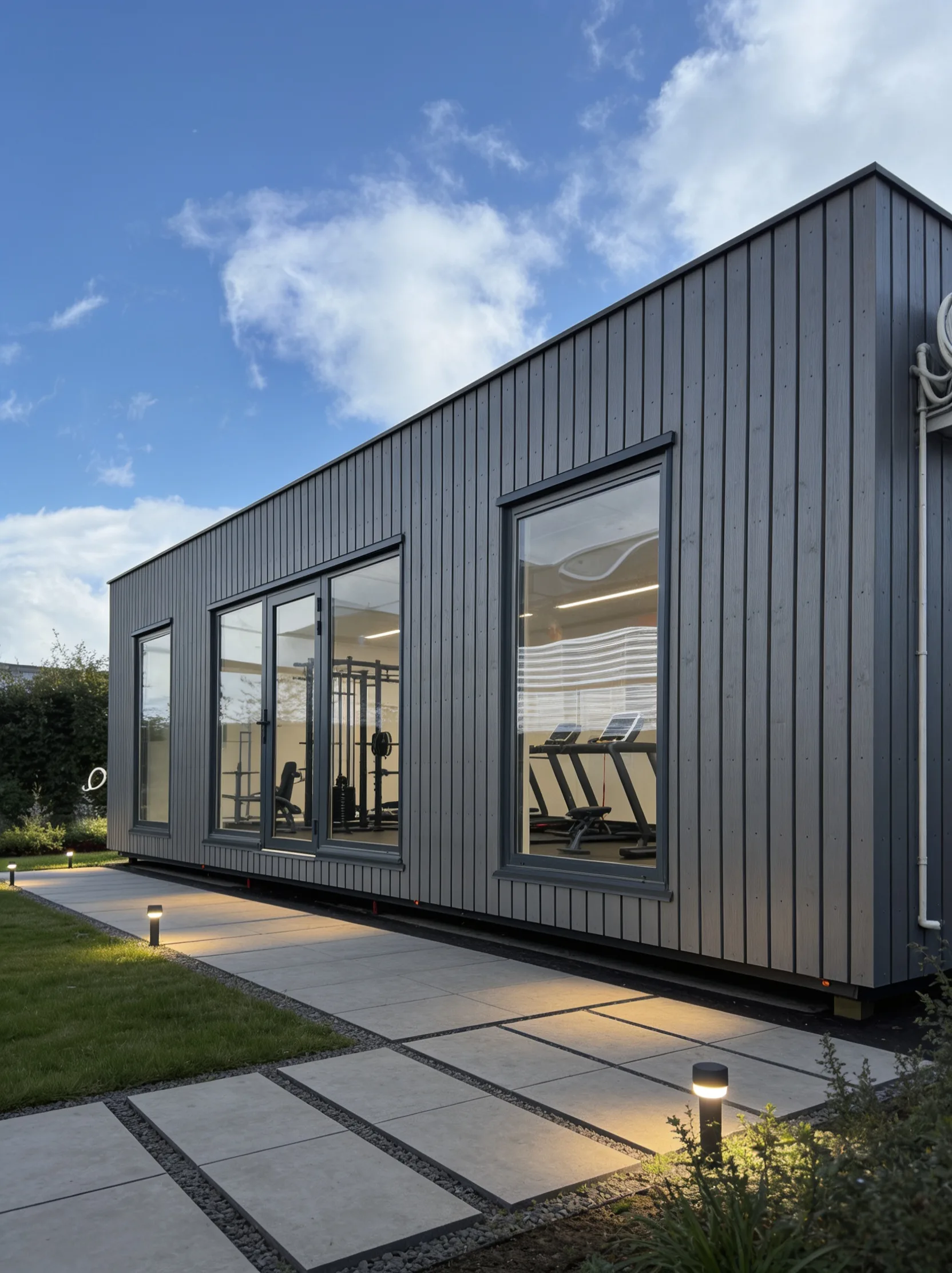 Fitnessmodul mit grauer Lamellenfassade und großer Fensterfront