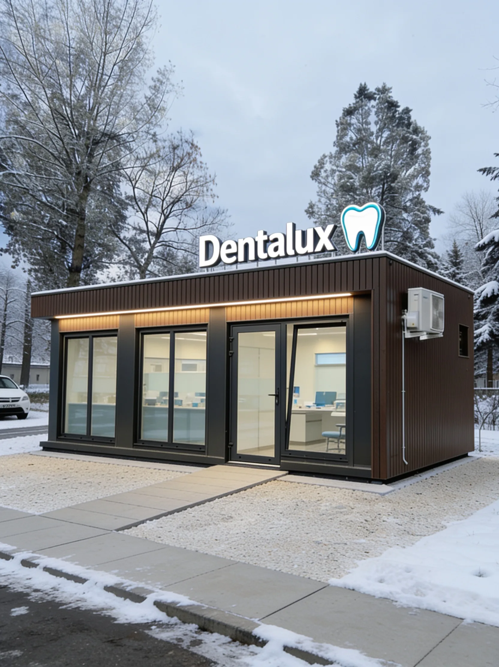 Gewerbepavillon als Praxis genutzt, beleuchtete Schaufensterfront im Winter