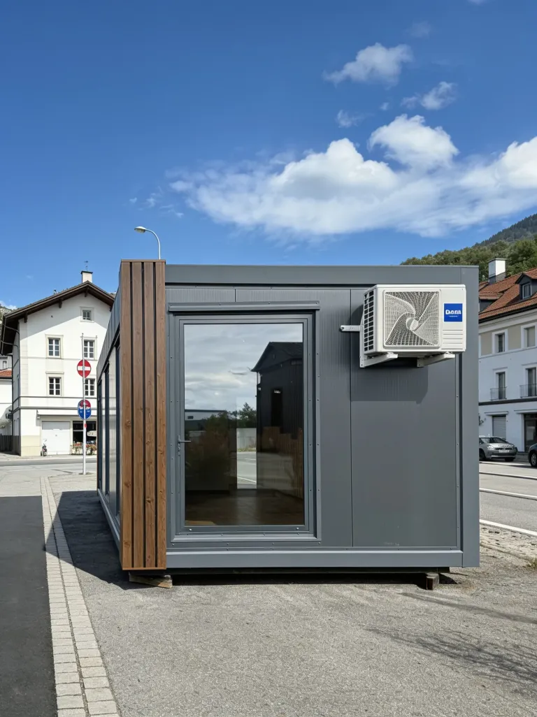 Kompaktes Servicemodul mit Ausgabefenster und Außenklimagerät im Straßenraum