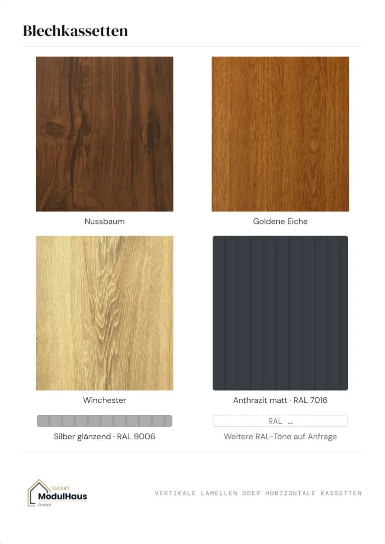 Blechkassetten in Holzoptik: Nussbaum, Goldene Eiche, Winchester sowie RAL 7016, RAL 9005 und RAL 9006