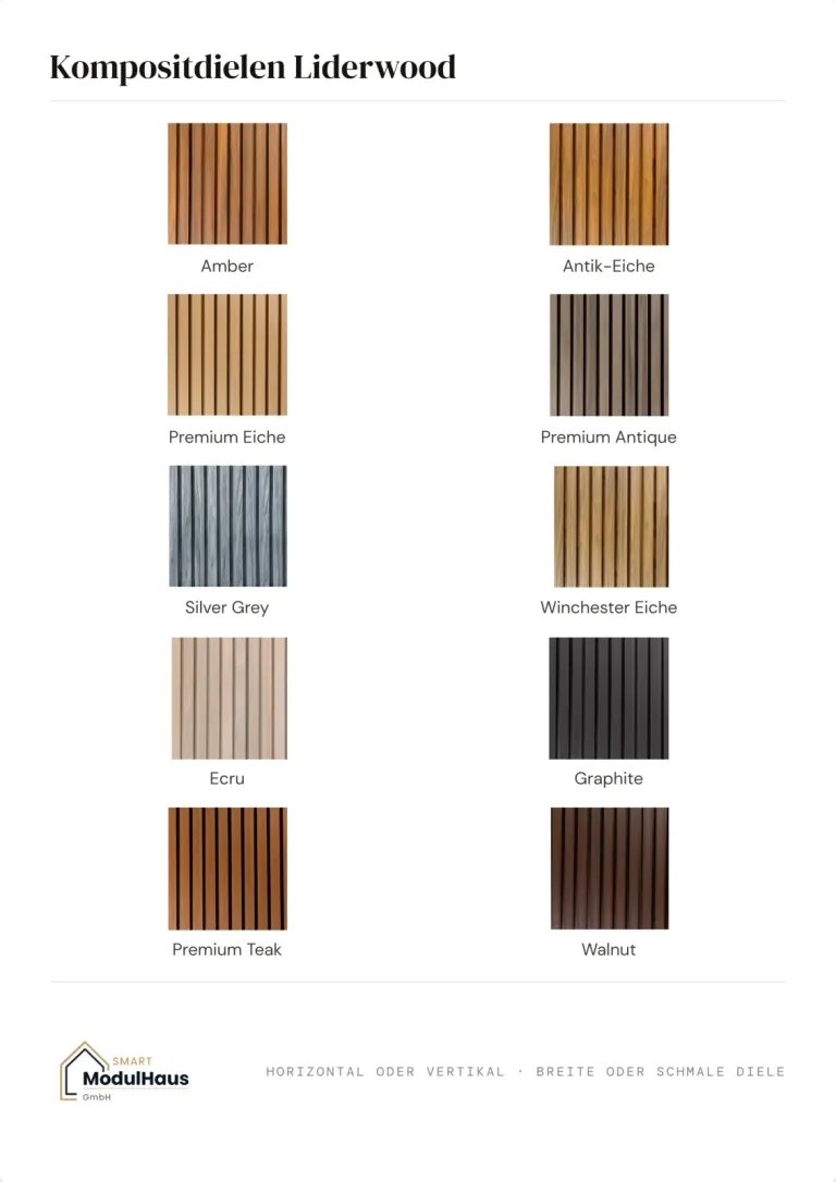 Kompositdielen in zehn Dekoren – von Amber und Antik-Eiche bis Silver Grey und Graphite