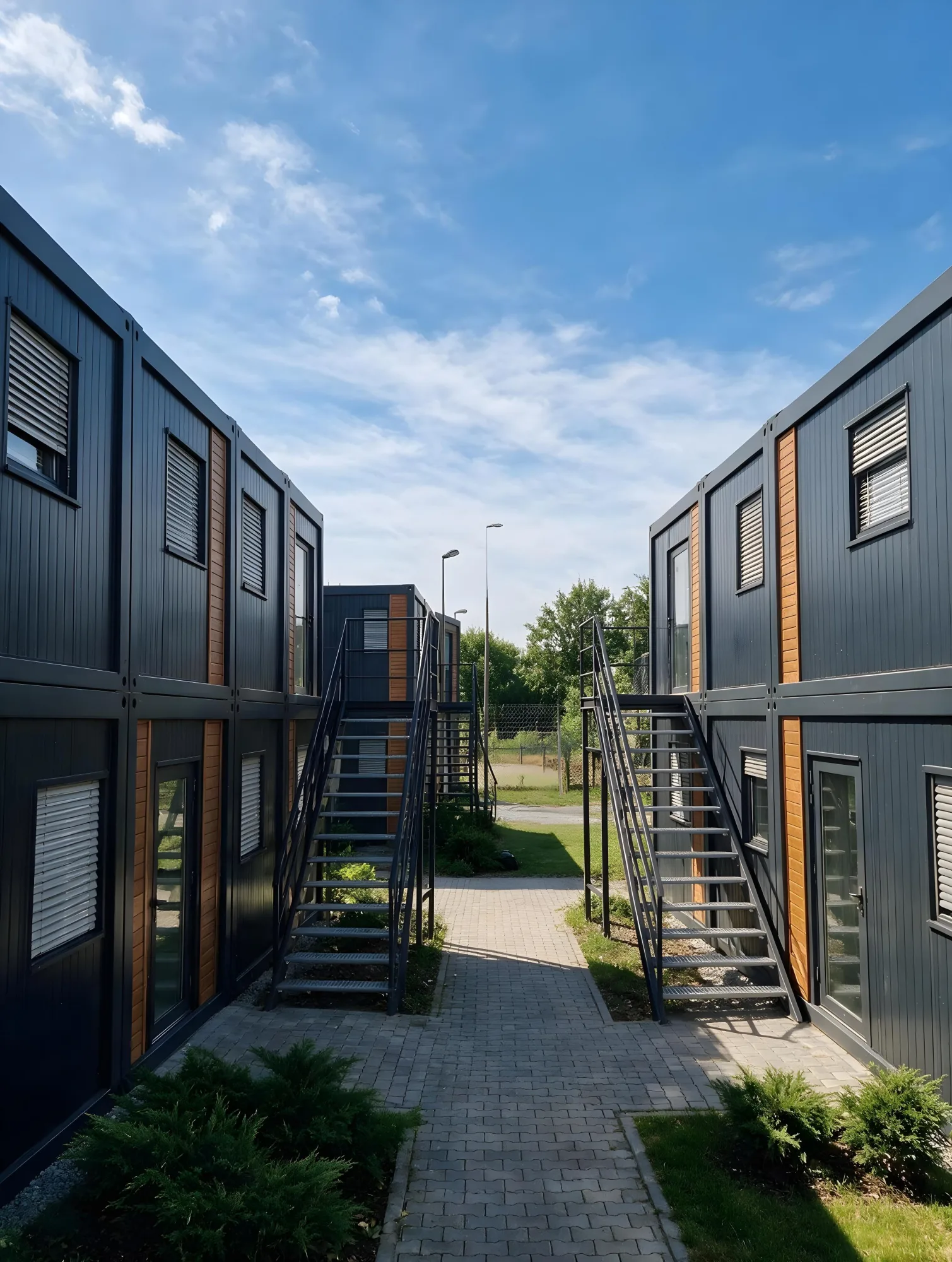 Wohncontainer-Anlage für Mitarbeiter: zweigeschossige Module mit Außentreppen und begrünten Wegen