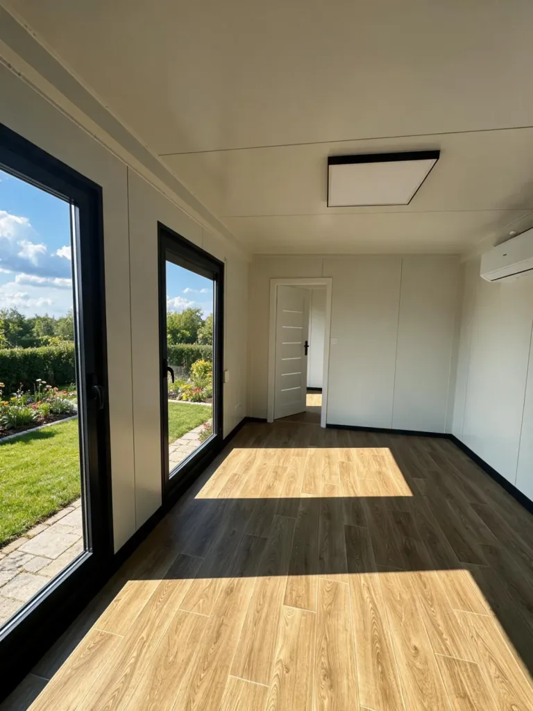 Modulinnenraum mit LED-Deckenpanel, Klimaanlage und bodentiefer Verglasung