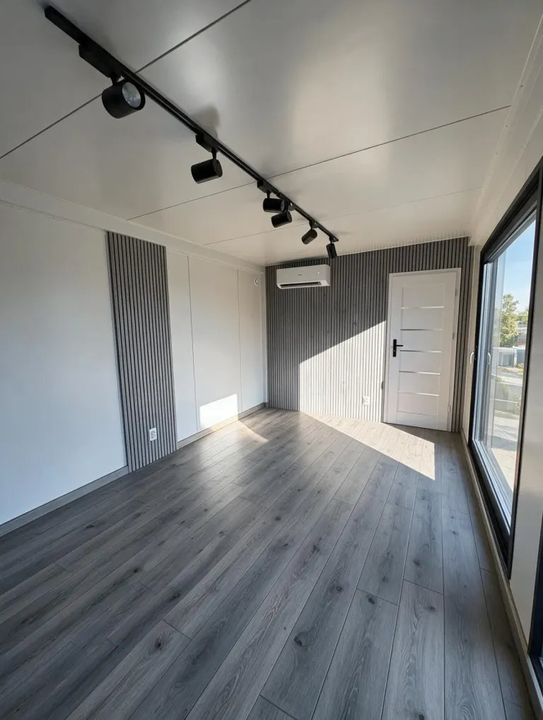 Modulinnenraum mit Schienenleuchten, Lamellenwand in Holzoptik und Klimaanlage